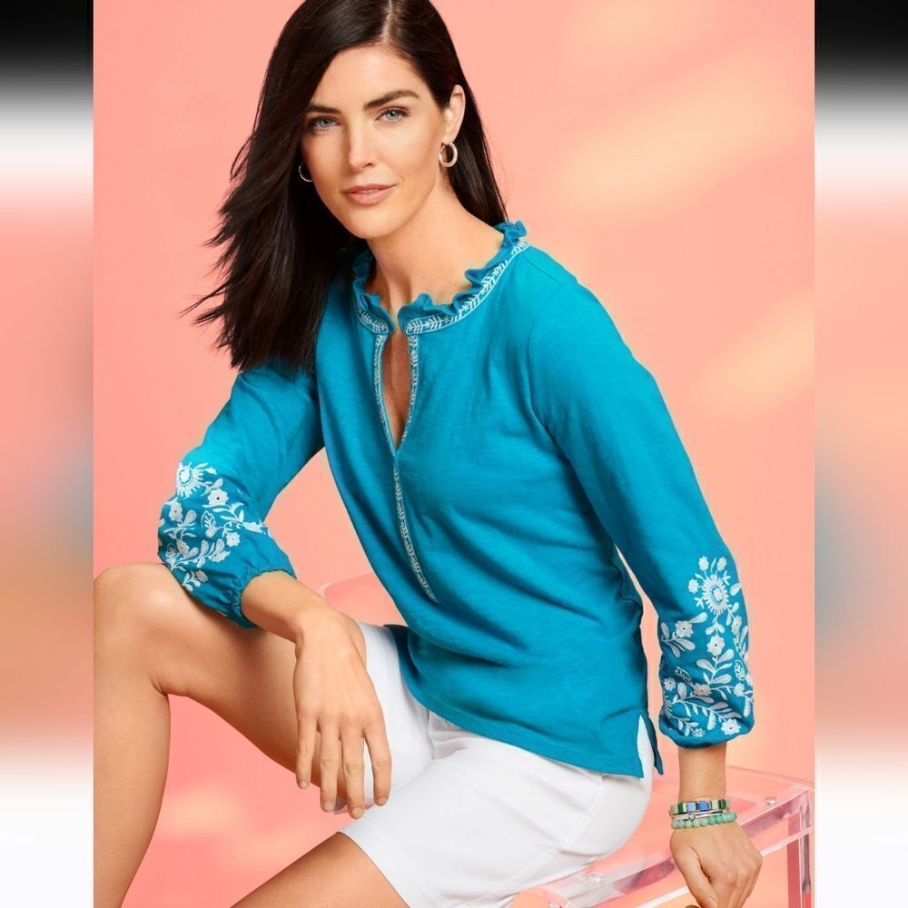 Talbots Embroidered Tunic Top Size Small In Turquoise Blue